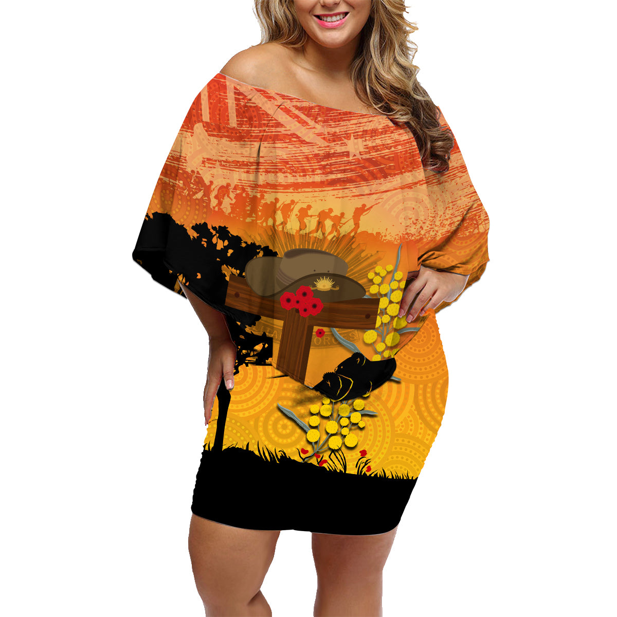 Australia ANZAC Day Family Matching Off Shoulder Short Dress and Hawaiian Shirt Koala and Kangaroo Respect Aboriginal Pattern