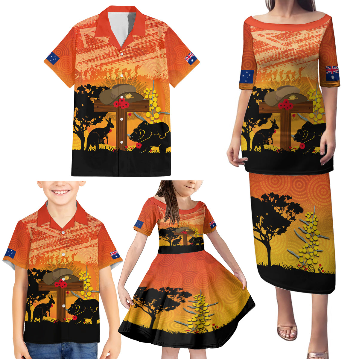 Australia ANZAC Day Family Matching Puletasi and Hawaiian Shirt Koala and Kangaroo Respect Aboriginal Pattern