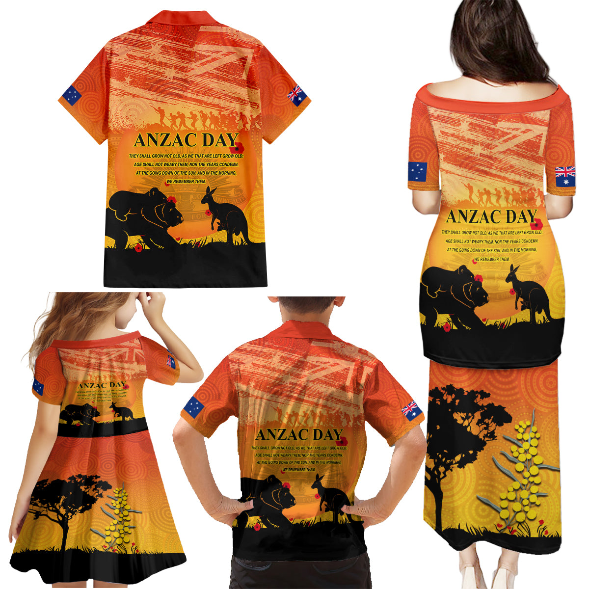 Australia ANZAC Day Family Matching Puletasi and Hawaiian Shirt Koala and Kangaroo Respect Aboriginal Pattern