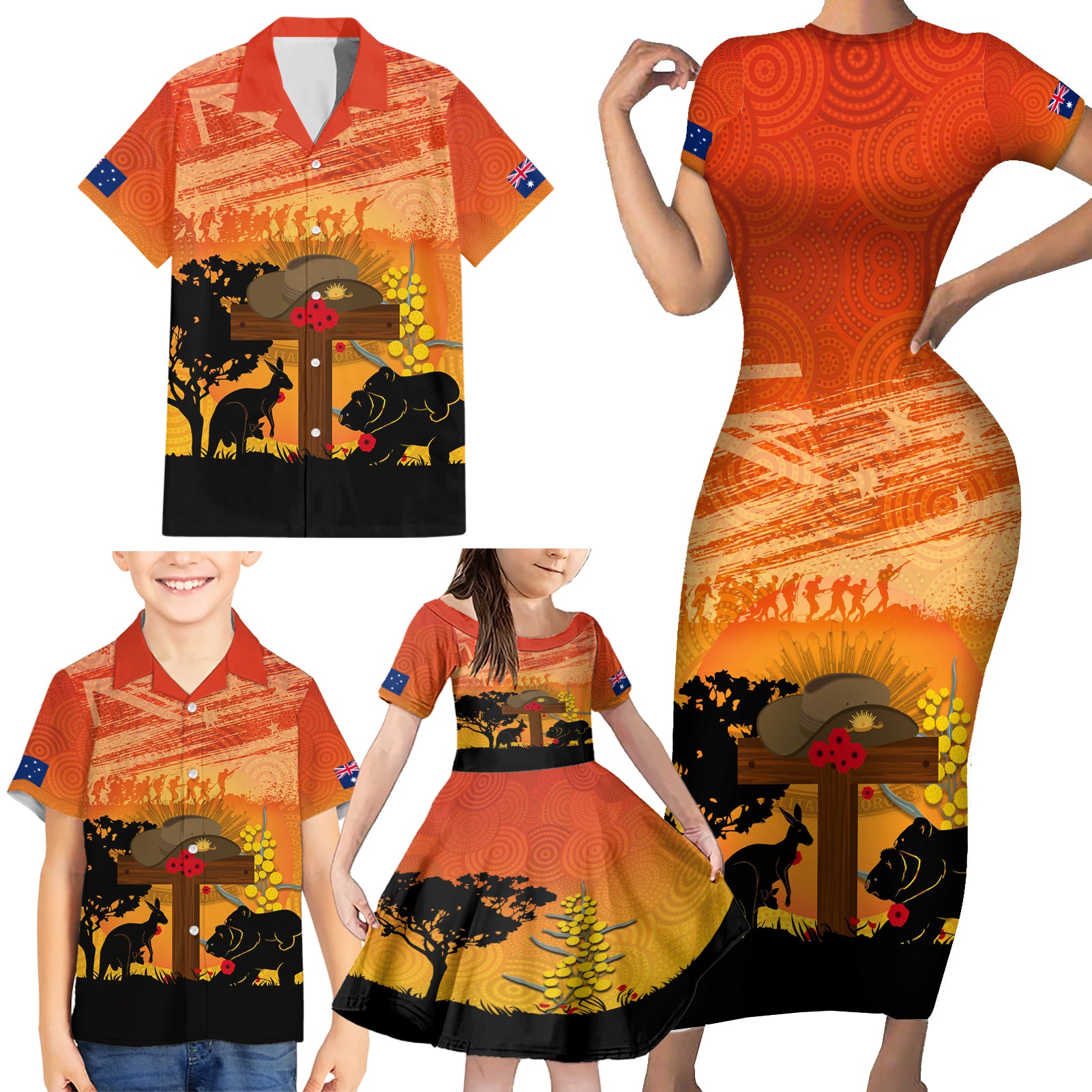 Australia ANZAC Day Family Matching Short Sleeve Bodycon Dress and Hawaiian Shirt Koala and Kangaroo Respect Aboriginal Pattern