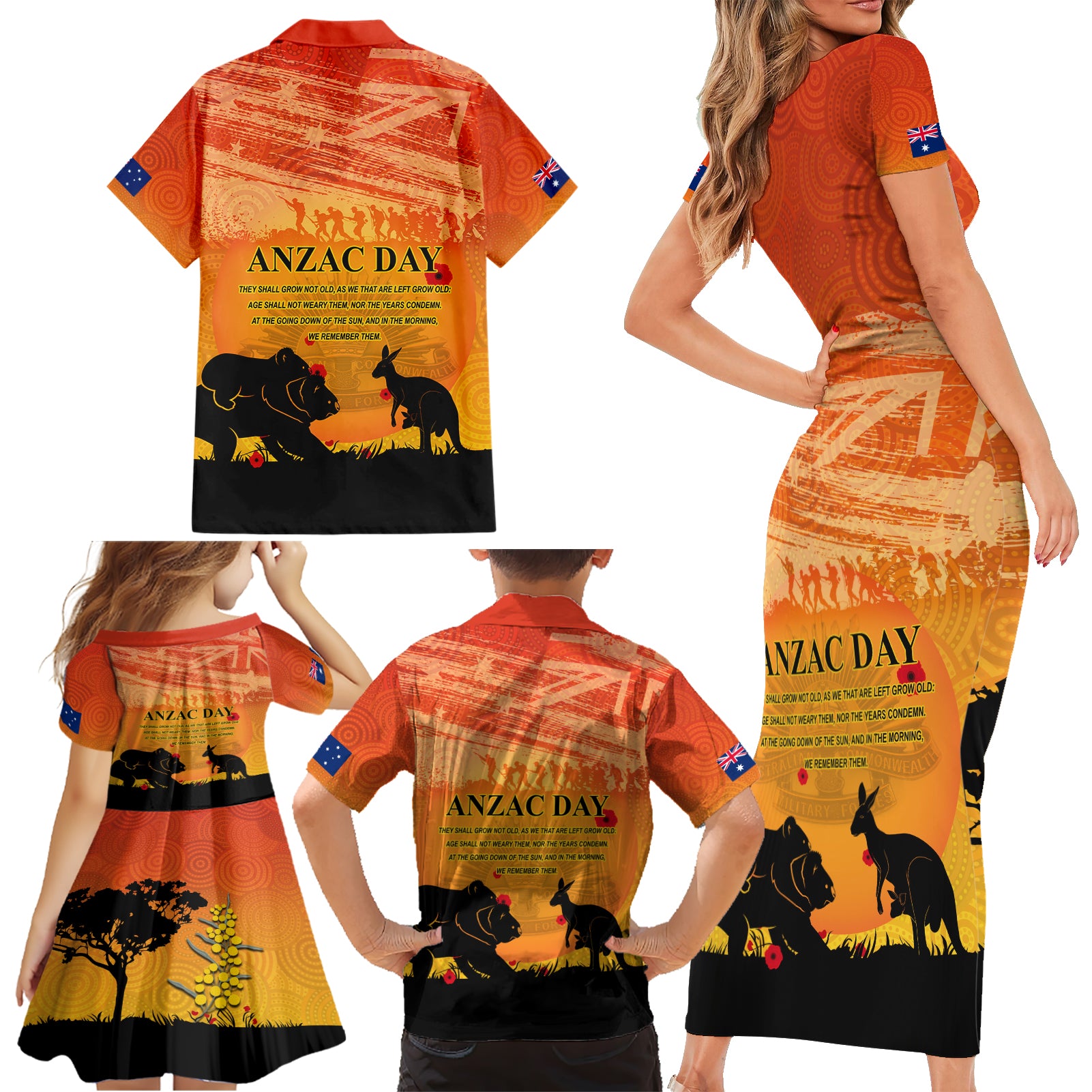 Australia ANZAC Day Family Matching Short Sleeve Bodycon Dress and Hawaiian Shirt Koala and Kangaroo Respect Aboriginal Pattern