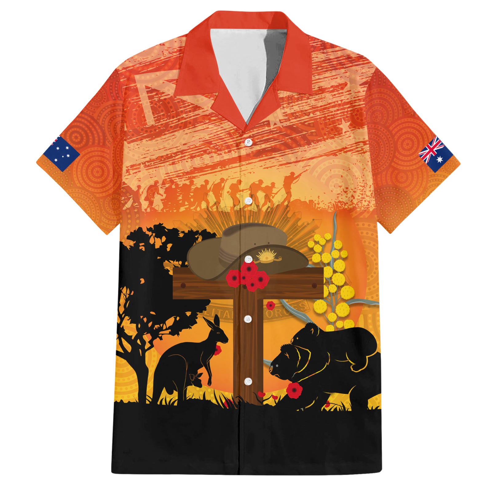 Australia ANZAC Day Family Matching Short Sleeve Bodycon Dress and Hawaiian Shirt Koala and Kangaroo Respect Aboriginal Pattern