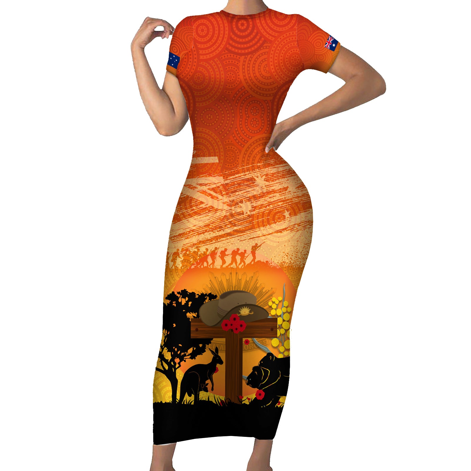 Australia ANZAC Day Family Matching Short Sleeve Bodycon Dress and Hawaiian Shirt Koala and Kangaroo Respect Aboriginal Pattern