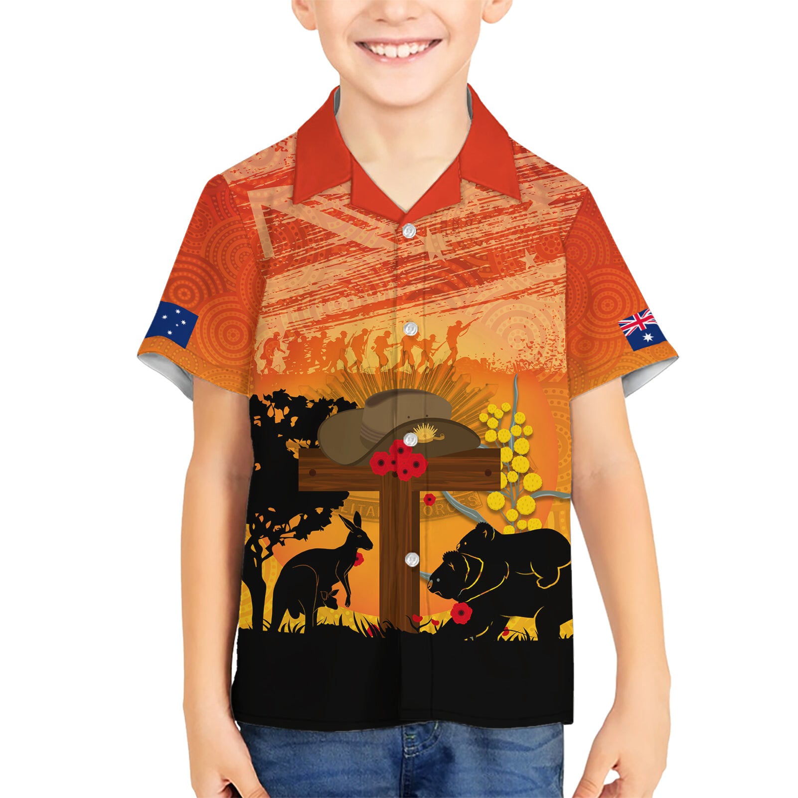 Australia ANZAC Day Family Matching Short Sleeve Bodycon Dress and Hawaiian Shirt Koala and Kangaroo Respect Aboriginal Pattern