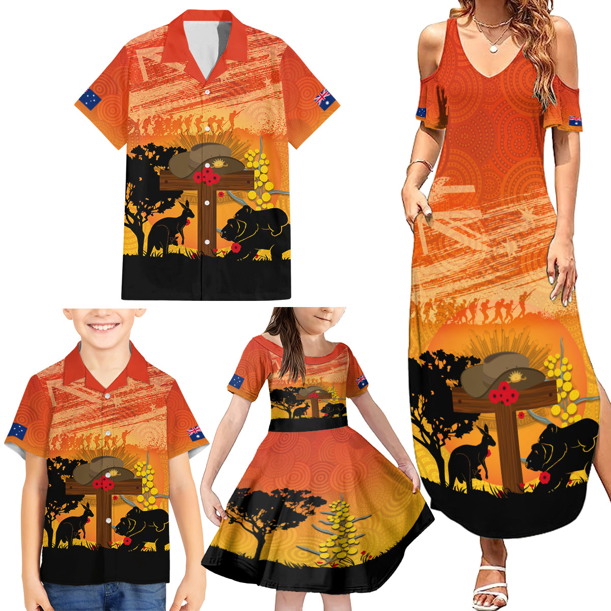 Australia ANZAC Day Family Matching Summer Maxi Dress and Hawaiian Shirt Koala and Kangaroo Respect Aboriginal Pattern