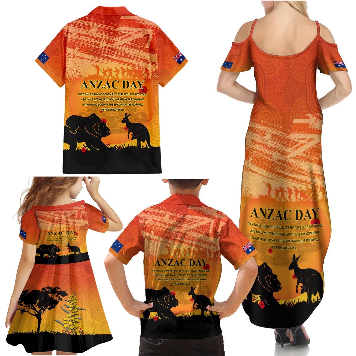 Australia ANZAC Day Family Matching Summer Maxi Dress and Hawaiian Shirt Koala and Kangaroo Respect Aboriginal Pattern