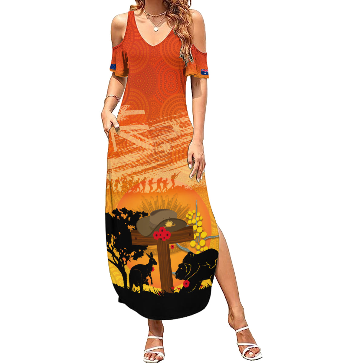 Australia ANZAC Day Family Matching Summer Maxi Dress and Hawaiian Shirt Koala and Kangaroo Respect Aboriginal Pattern