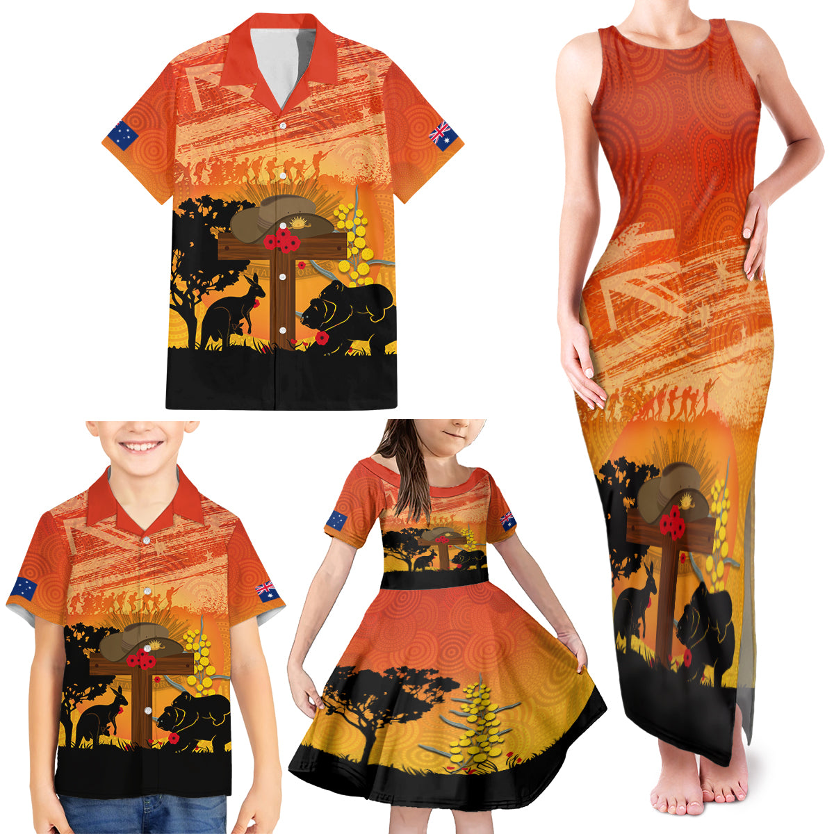 Australia ANZAC Day Family Matching Tank Maxi Dress and Hawaiian Shirt Koala and Kangaroo Respect Aboriginal Pattern