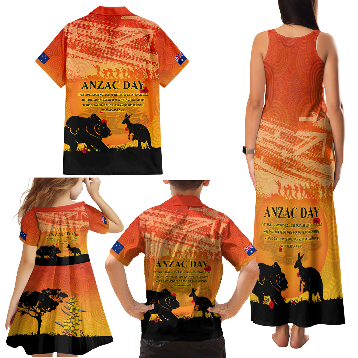 Australia ANZAC Day Family Matching Tank Maxi Dress and Hawaiian Shirt Koala and Kangaroo Respect Aboriginal Pattern
