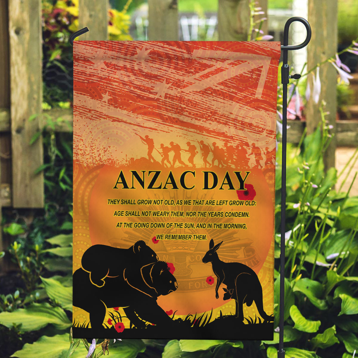 Australia ANZAC Day Garden Flag Koala and Kangaroo Respect Aboriginal Pattern - Vibe Hoodie Shop