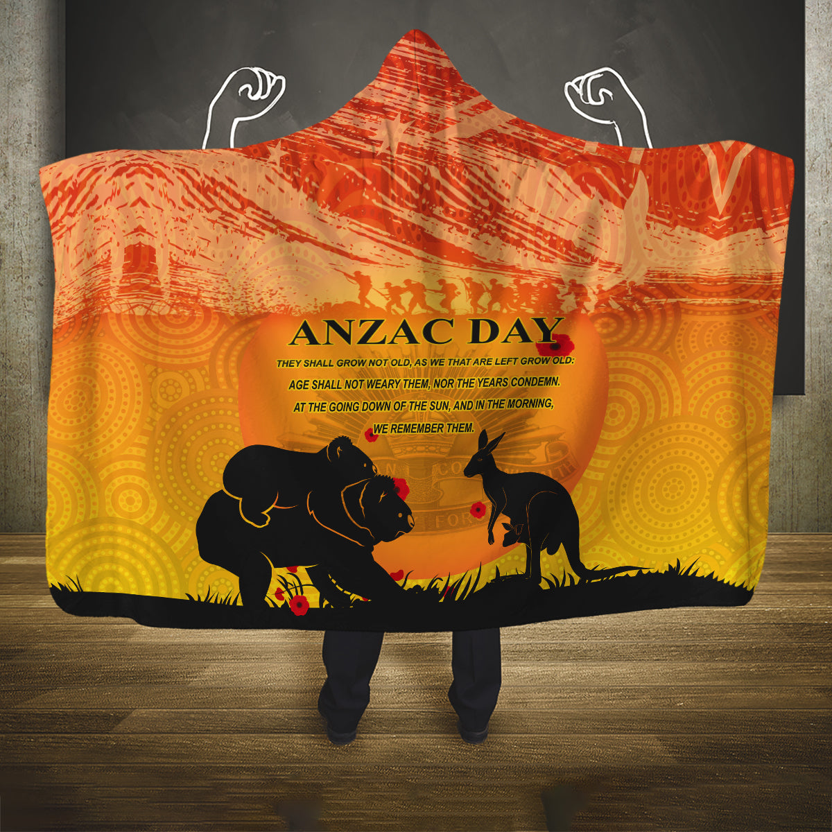 Australia ANZAC Day Hooded Blanket Koala and Kangaroo Respect Aboriginal Pattern
