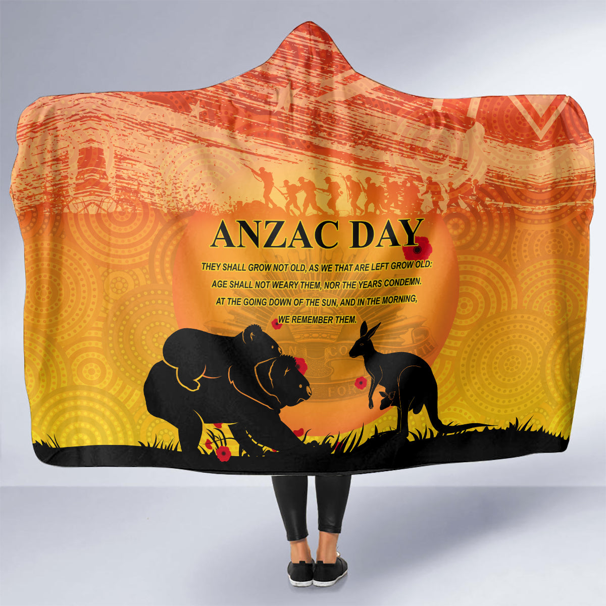 Australia ANZAC Day Hooded Blanket Koala and Kangaroo Respect Aboriginal Pattern