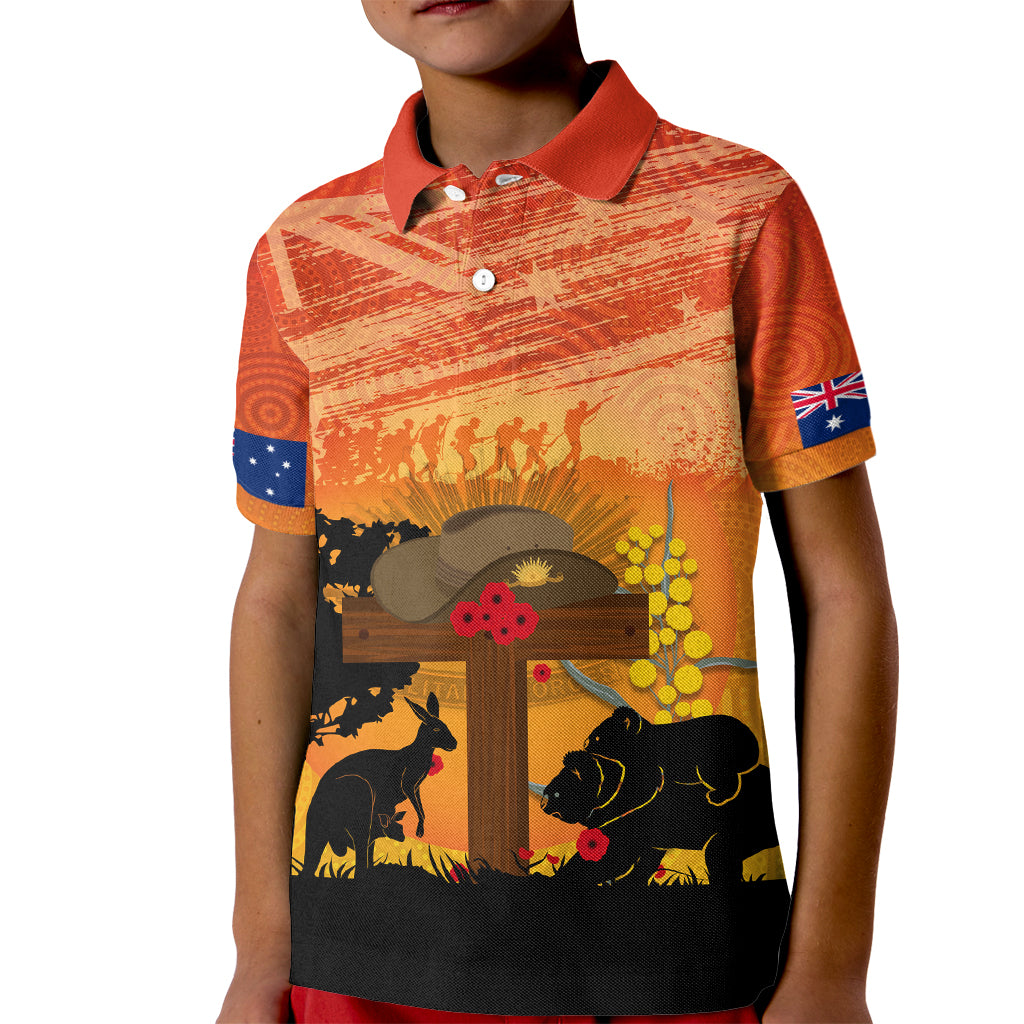 Australia ANZAC Day Kid Polo Shirt Koala and Kangaroo Respect Aboriginal Pattern - Vibe Hoodie Shop