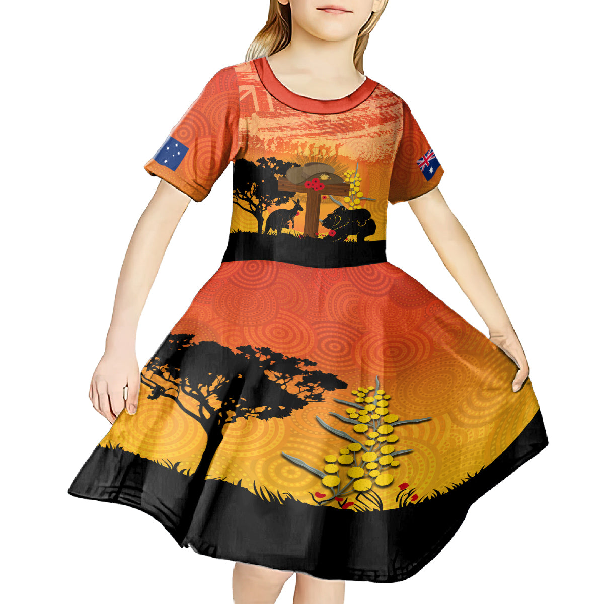 Australia ANZAC Day Kid Short Sleeve Dress Koala and Kangaroo Respect Aboriginal Pattern - Vibe Hoodie Shop
