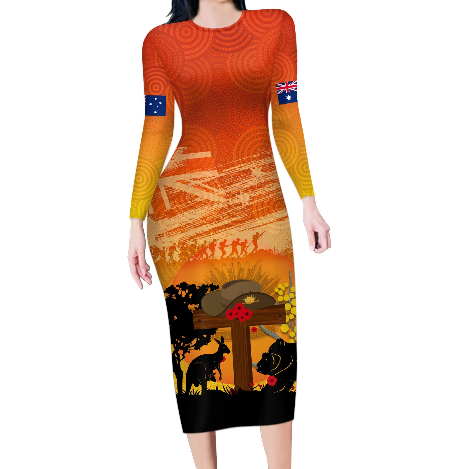 Australia ANZAC Day Long Sleeve Bodycon Dress Koala and Kangaroo Respect Aboriginal Pattern