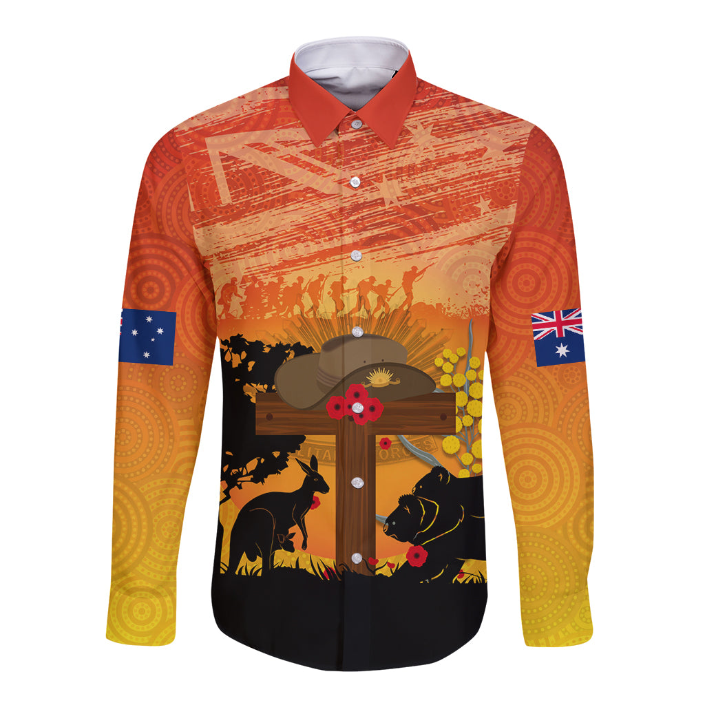 Australia ANZAC Day Long Sleeve Button Shirt Koala and Kangaroo Respect Aboriginal Pattern - Vibe Hoodie Shop