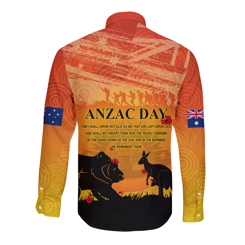 Australia ANZAC Day Long Sleeve Button Shirt Koala and Kangaroo Respect Aboriginal Pattern - Vibe Hoodie Shop