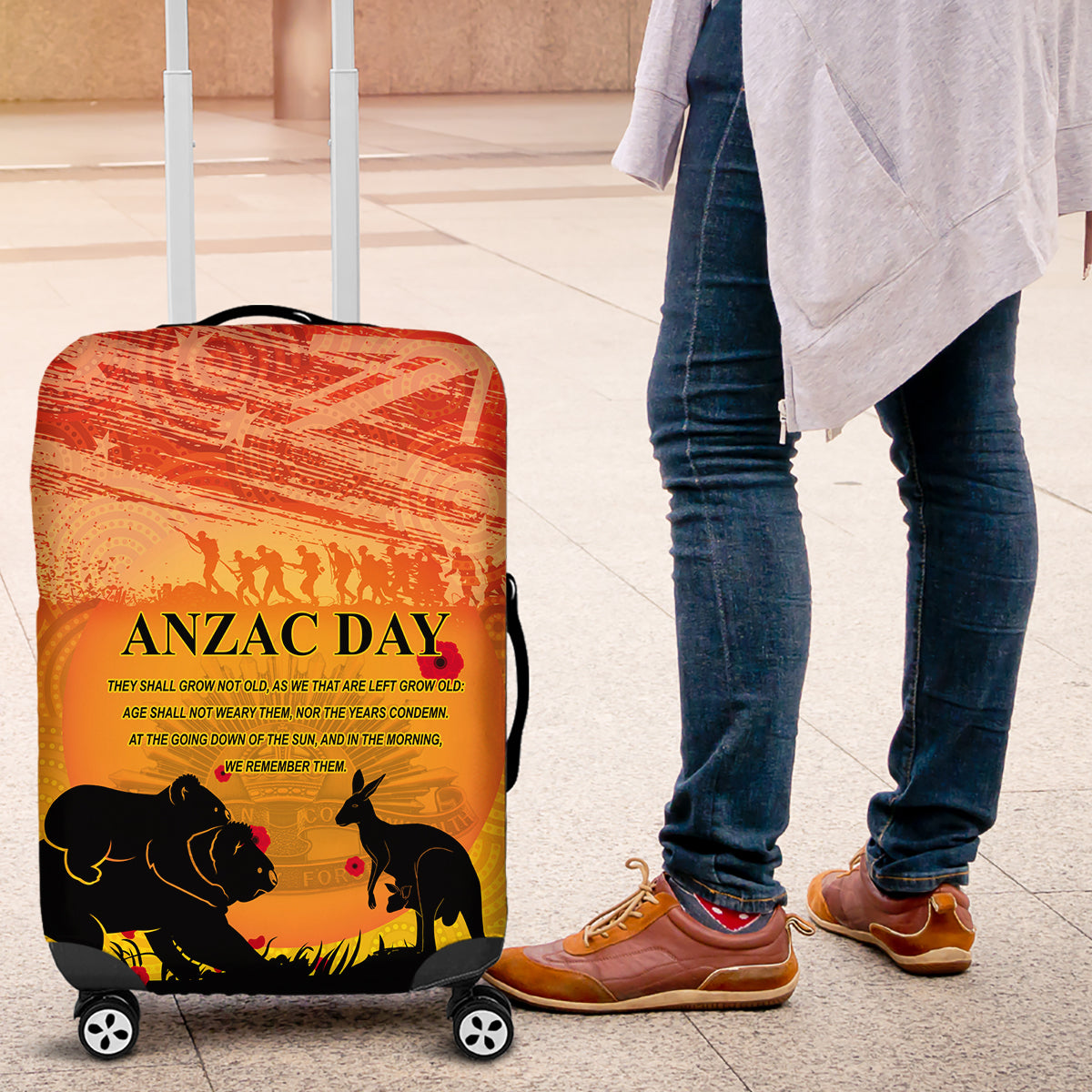 Australia ANZAC Day Luggage Cover Koala and Kangaroo Respect Aboriginal Pattern - Vibe Hoodie Shop
