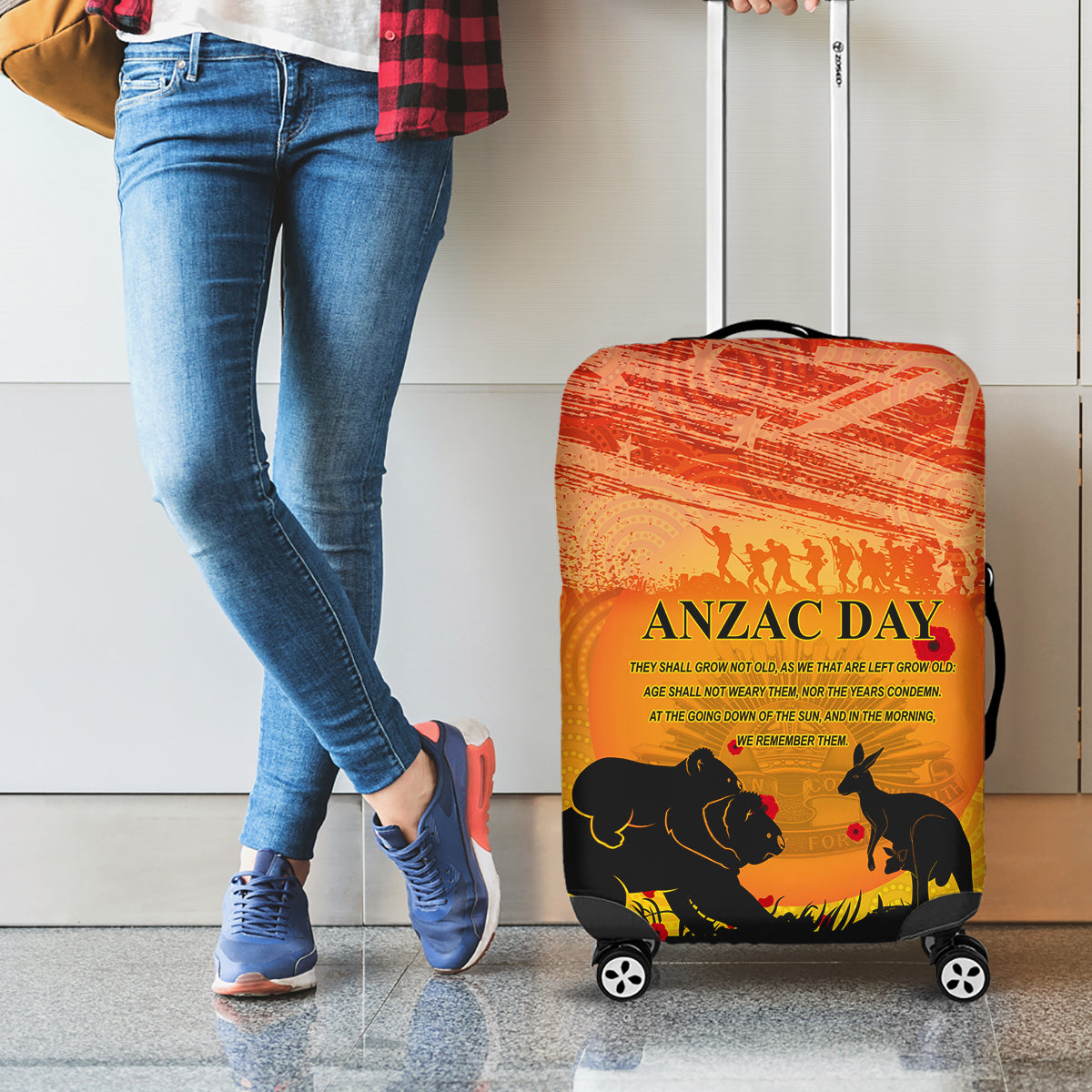 Australia ANZAC Day Luggage Cover Koala and Kangaroo Respect Aboriginal Pattern - Vibe Hoodie Shop