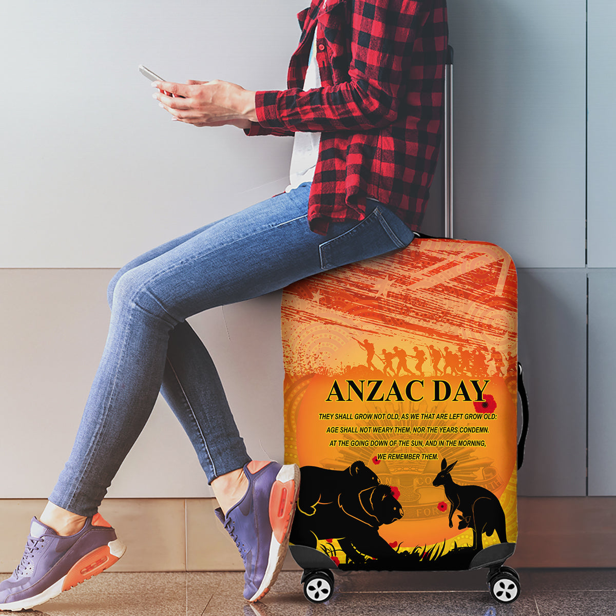Australia ANZAC Day Luggage Cover Koala and Kangaroo Respect Aboriginal Pattern - Vibe Hoodie Shop