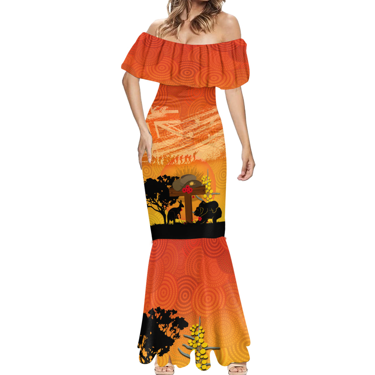 Australia ANZAC Day Mermaid Dress Koala and Kangaroo Respect Aboriginal Pattern