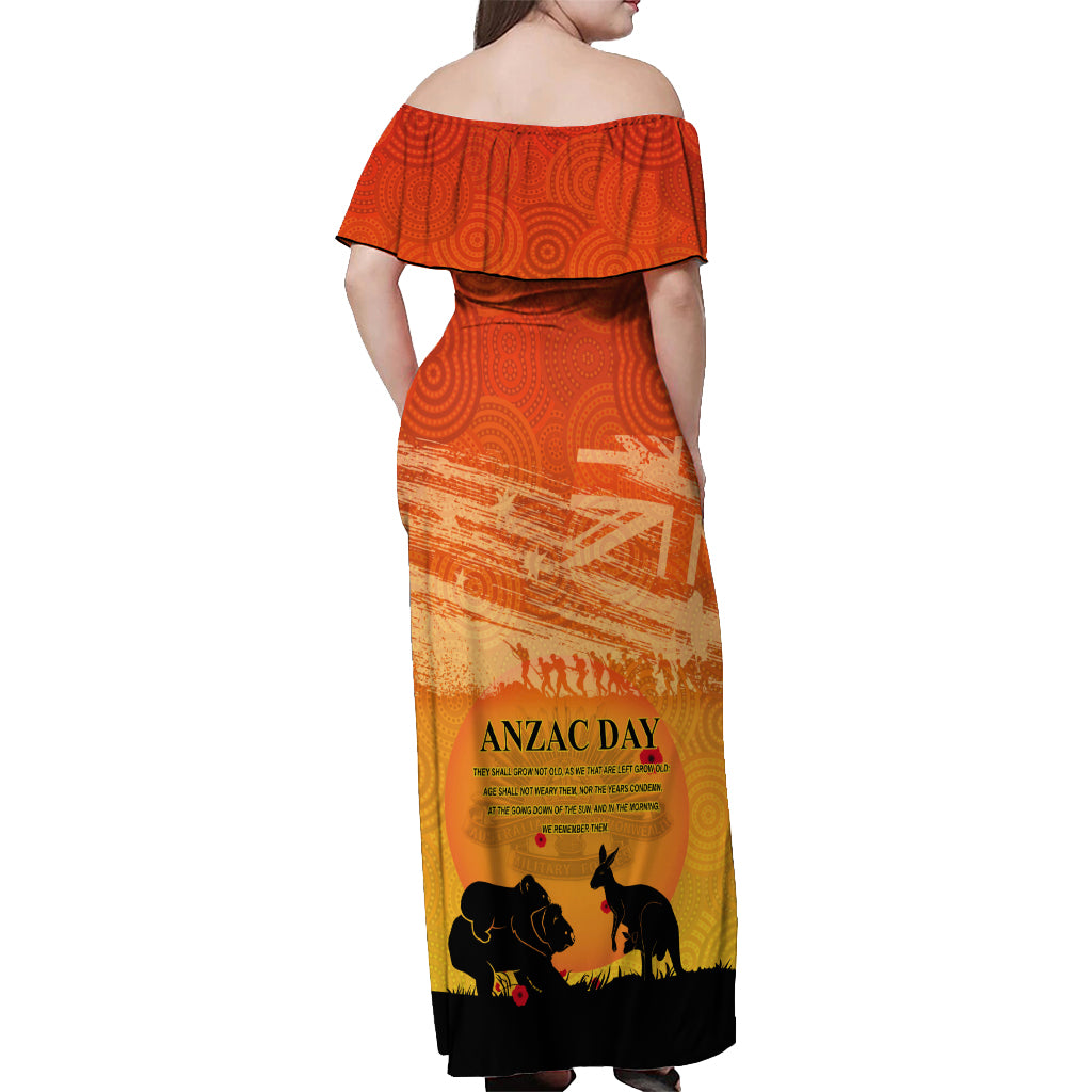 Australia ANZAC Day Off Shoulder Maxi Dress Koala and Kangaroo Respect Aboriginal Pattern