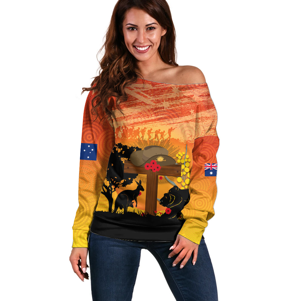 Australia ANZAC Day Off Shoulder Sweater Koala and Kangaroo Respect Aboriginal Pattern - Vibe Hoodie Shop