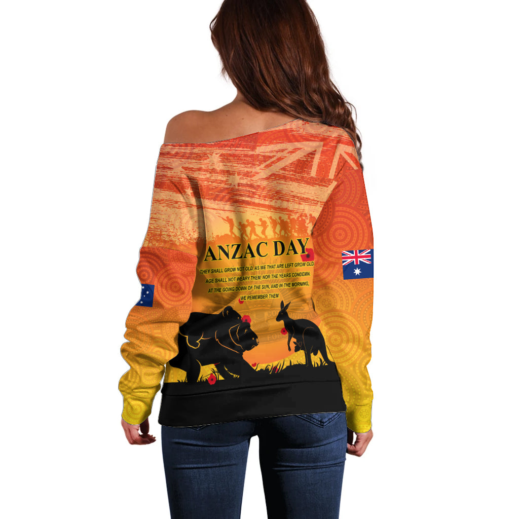 Australia ANZAC Day Off Shoulder Sweater Koala and Kangaroo Respect Aboriginal Pattern - Vibe Hoodie Shop