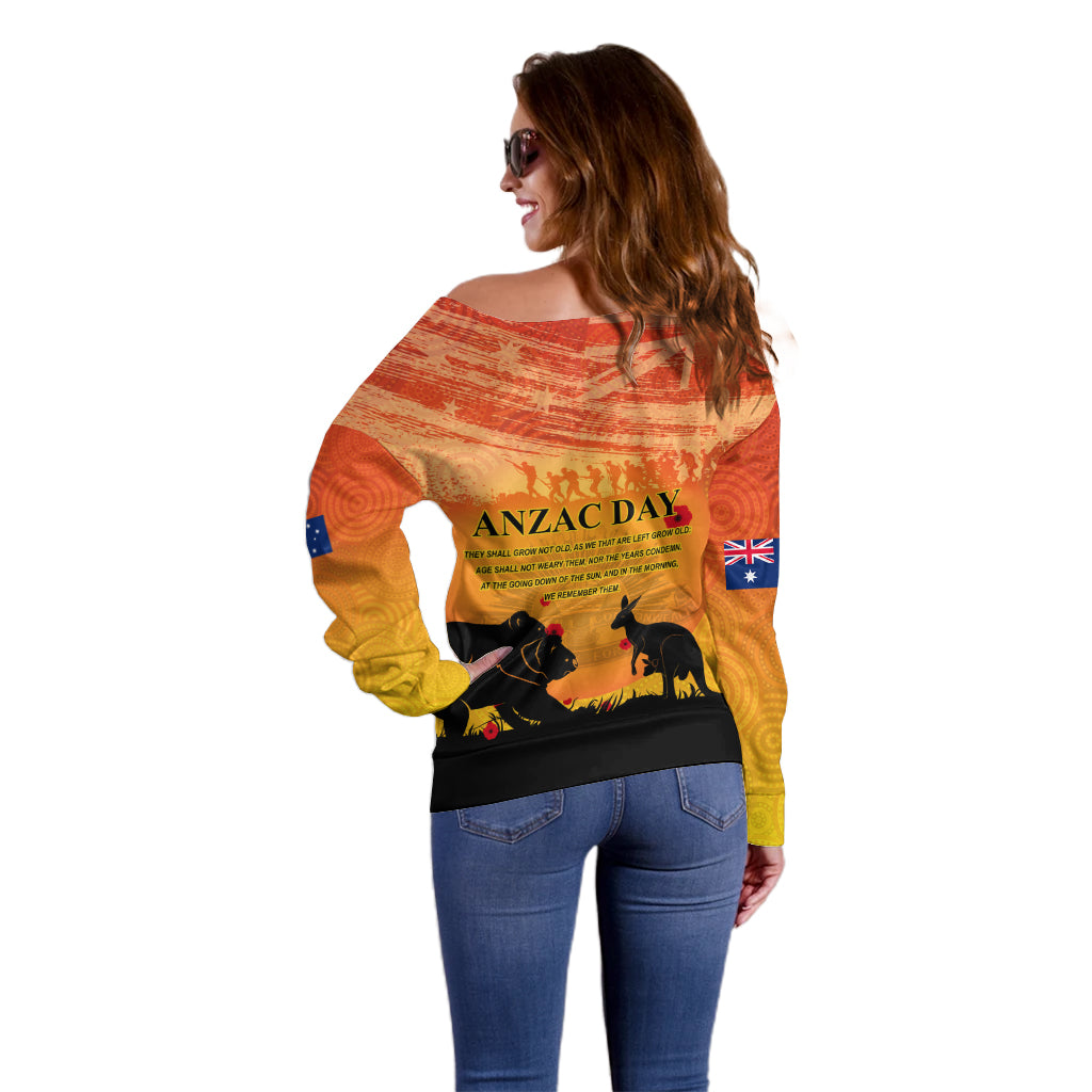 Australia ANZAC Day Off Shoulder Sweater Koala and Kangaroo Respect Aboriginal Pattern - Vibe Hoodie Shop
