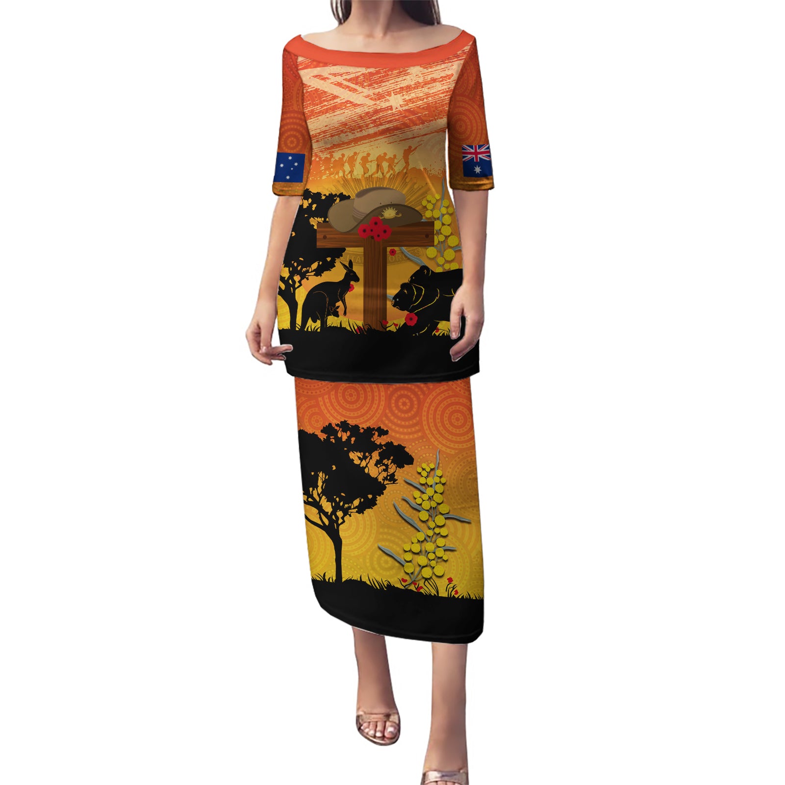 Australia ANZAC Day Puletasi Koala and Kangaroo Respect Aboriginal Pattern