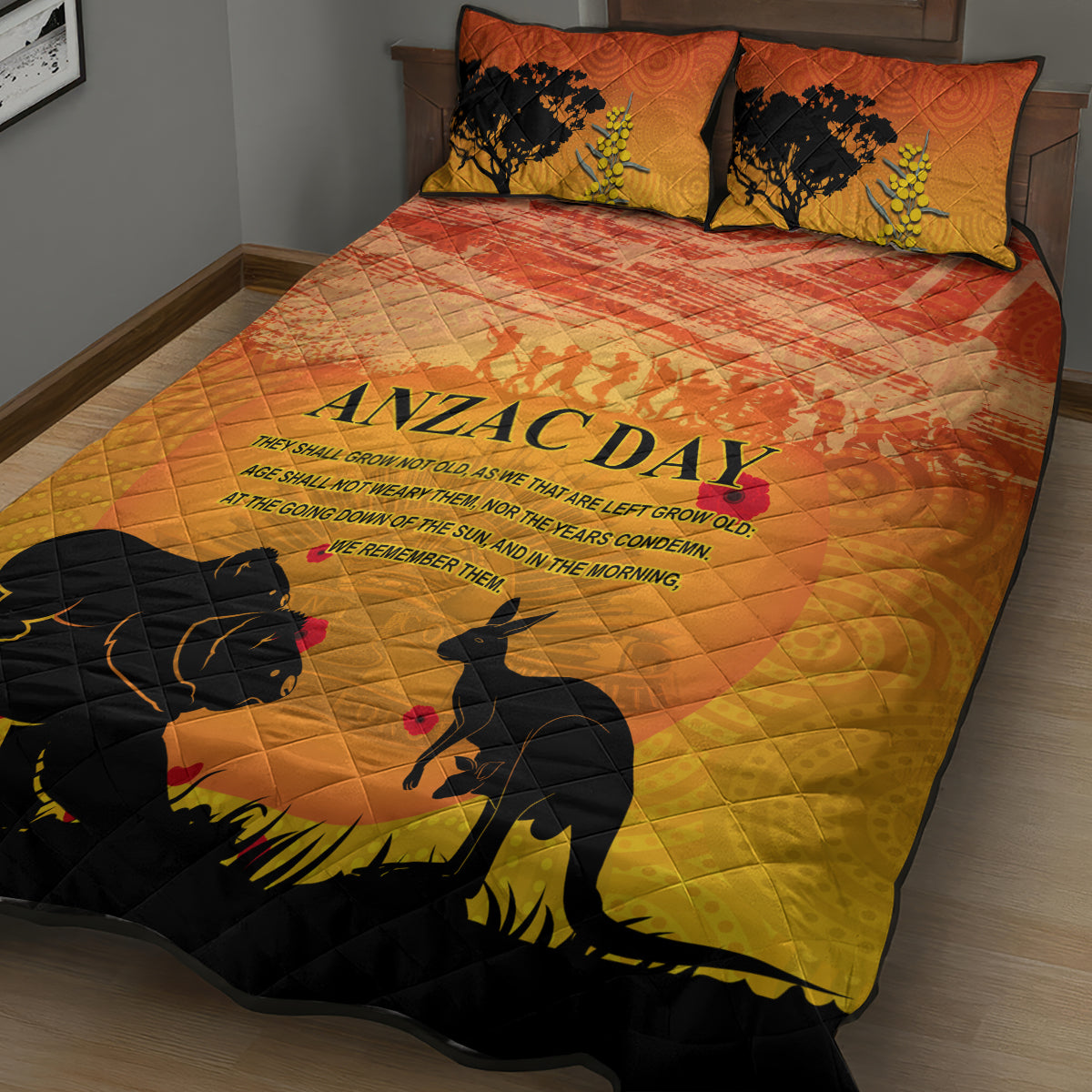 Australia ANZAC Day Quilt Bed Set Koala and Kangaroo Respect Aboriginal Pattern - Vibe Hoodie Shop