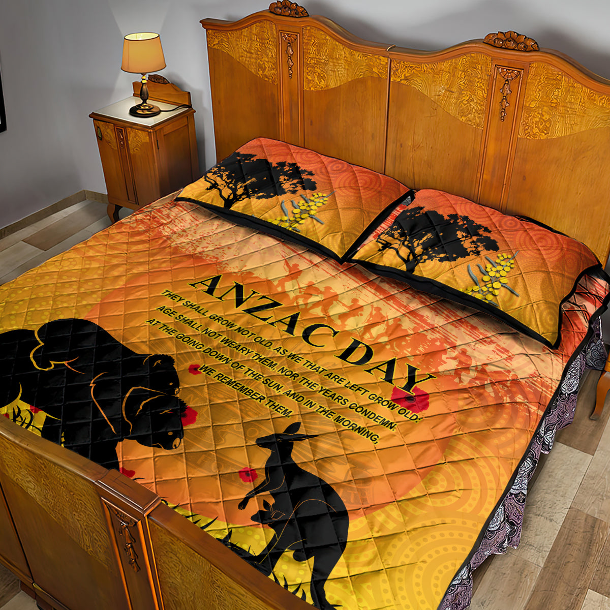 Australia ANZAC Day Quilt Bed Set Koala and Kangaroo Respect Aboriginal Pattern - Vibe Hoodie Shop