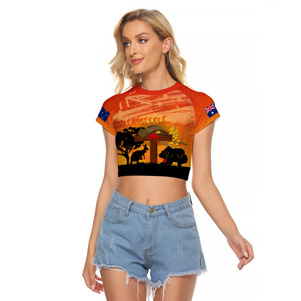 Australia ANZAC Day Raglan Cropped T Shirt Koala and Kangaroo Respect Aboriginal Pattern - Vibe Hoodie Shop