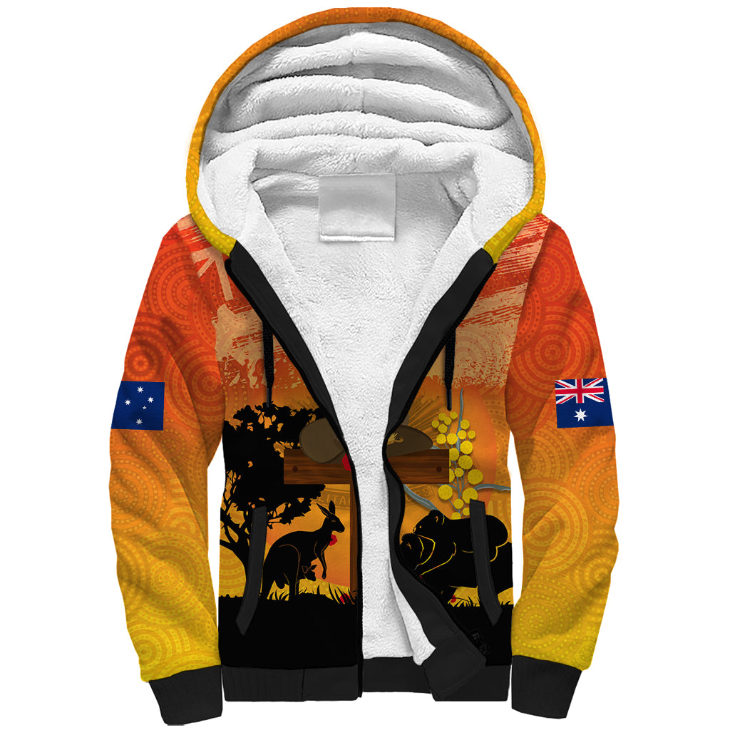 Australia ANZAC Day Sherpa Hoodie Koala and Kangaroo Respect Aboriginal Pattern - Vibe Hoodie Shop