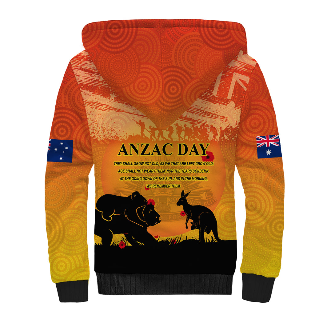 Australia ANZAC Day Sherpa Hoodie Koala and Kangaroo Respect Aboriginal Pattern - Vibe Hoodie Shop