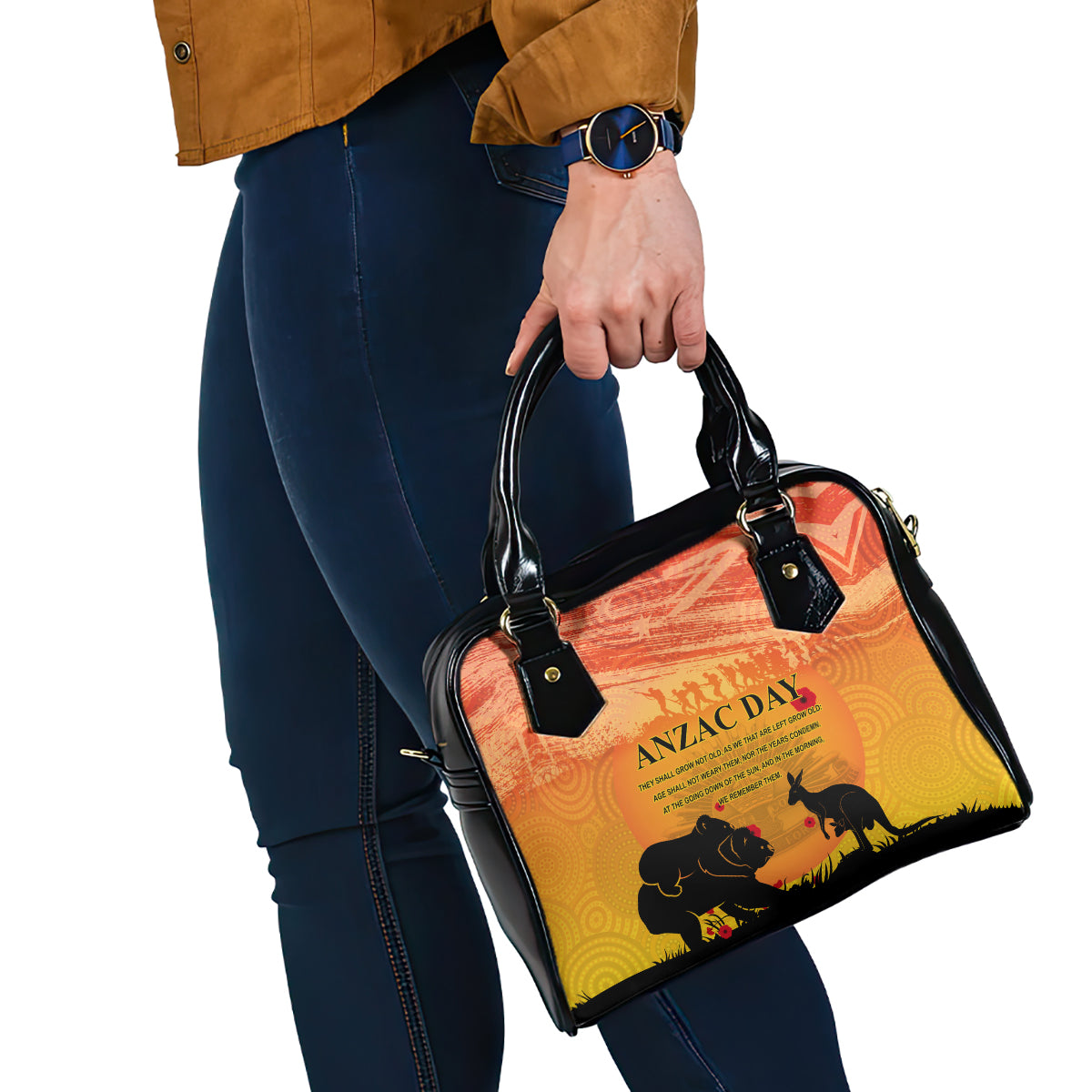 Australia ANZAC Day Shoulder Handbag Koala and Kangaroo Respect Aboriginal Pattern - Vibe Hoodie Shop