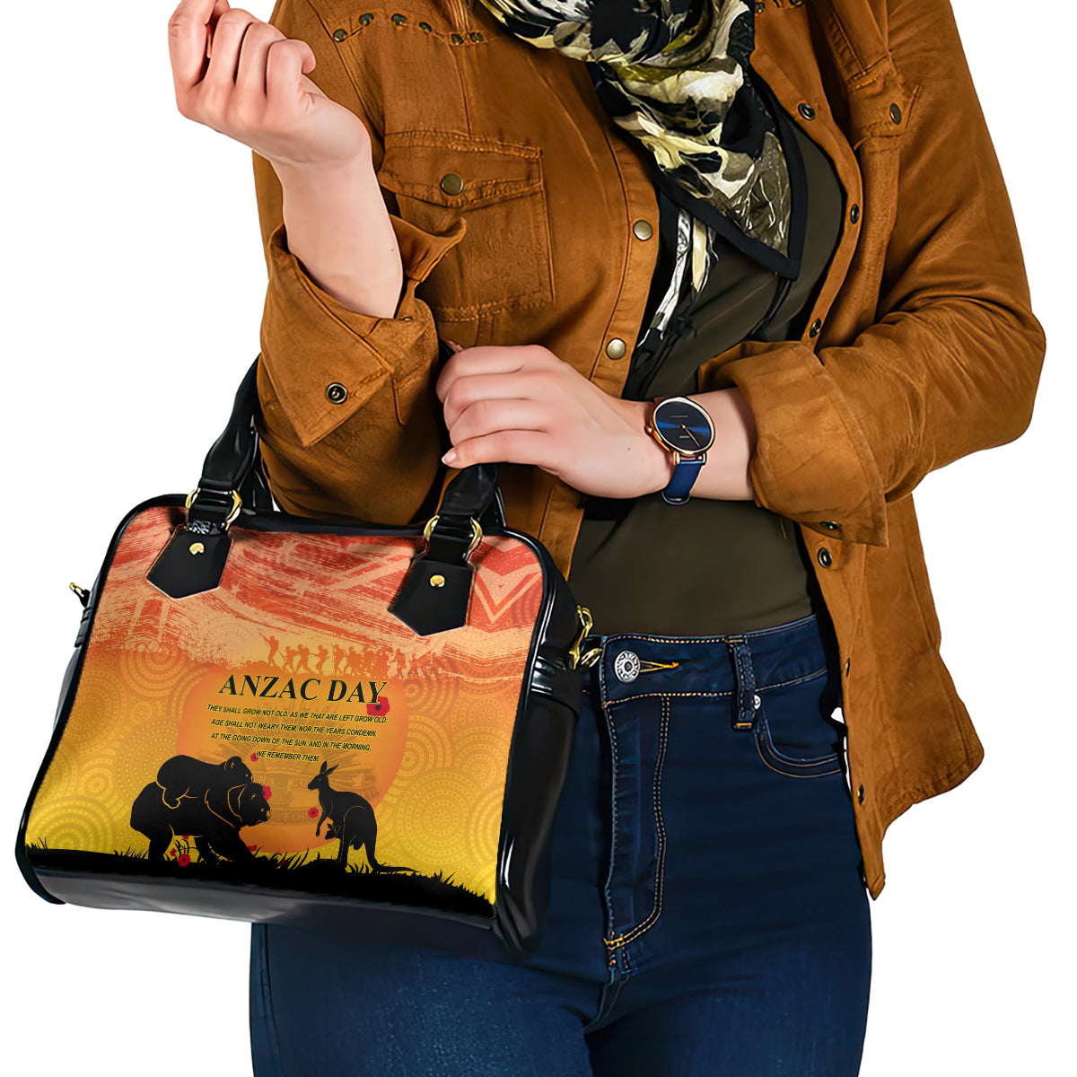 Australia ANZAC Day Shoulder Handbag Koala and Kangaroo Respect Aboriginal Pattern - Vibe Hoodie Shop