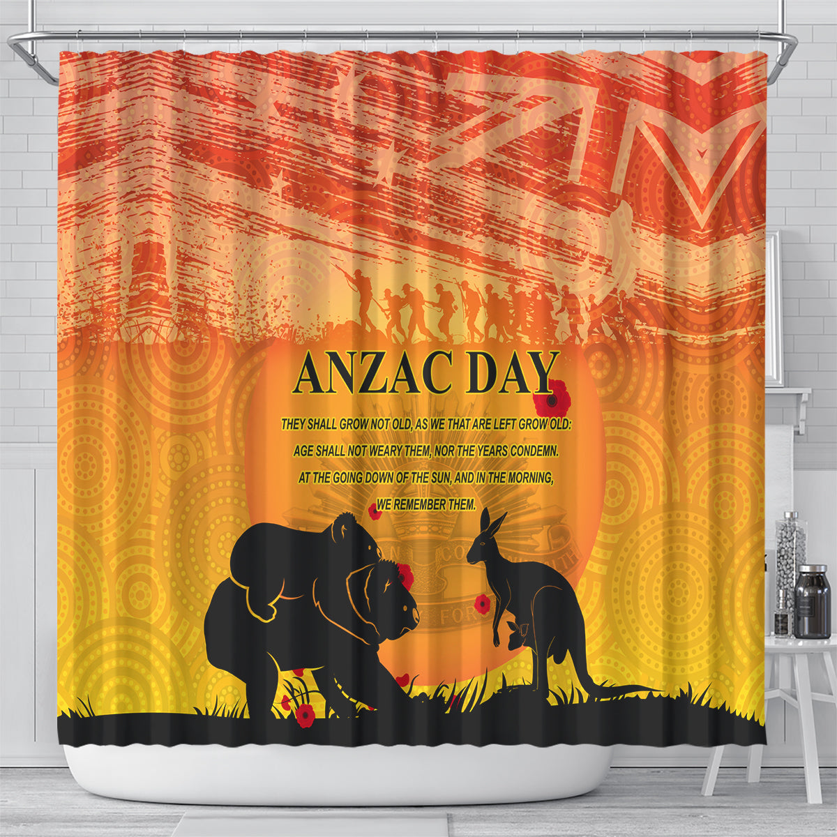 Australia ANZAC Day Shower Curtain Koala and Kangaroo Respect Aboriginal Pattern