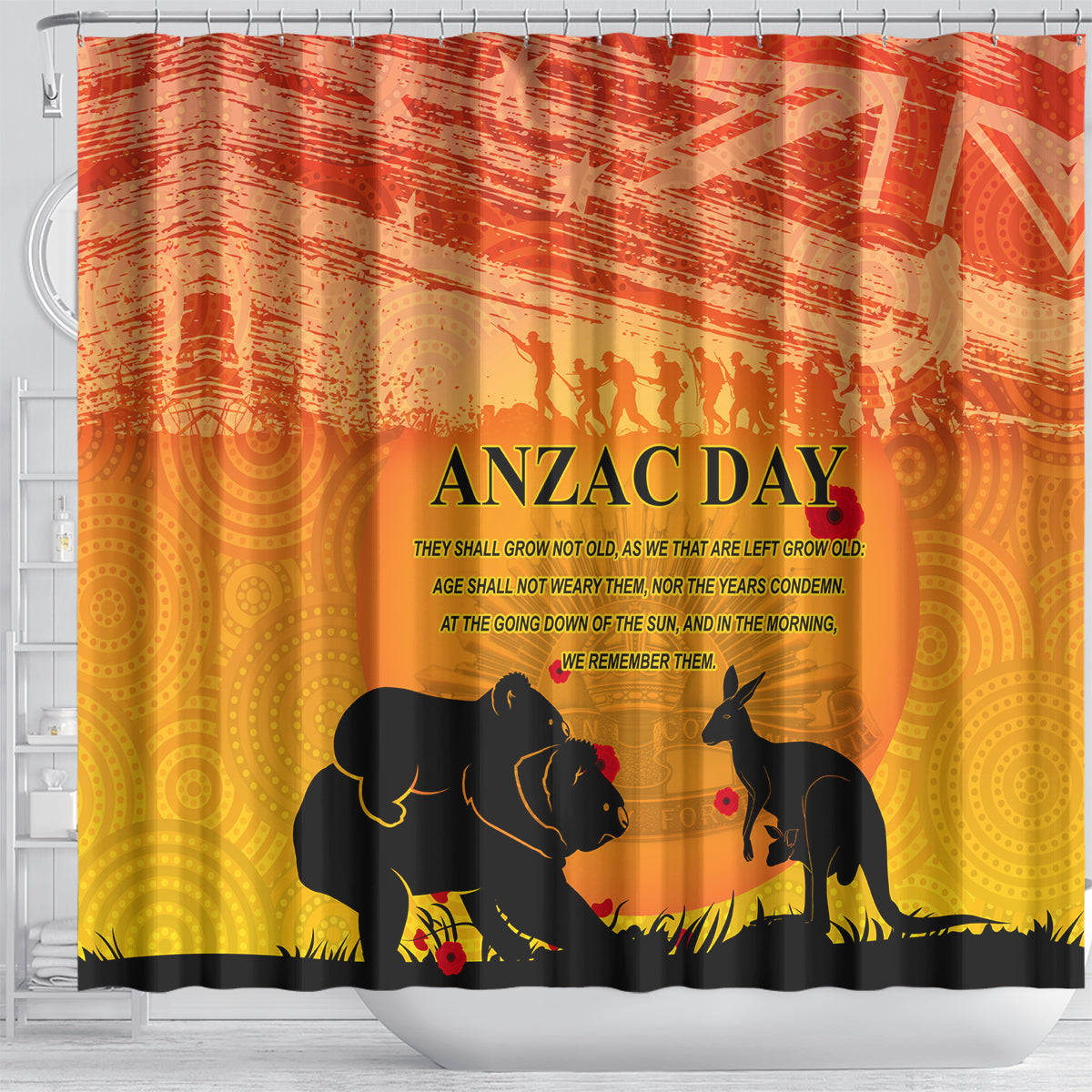 Australia ANZAC Day Shower Curtain Koala and Kangaroo Respect Aboriginal Pattern