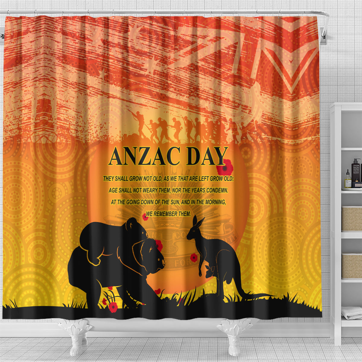 Australia ANZAC Day Shower Curtain Koala and Kangaroo Respect Aboriginal Pattern