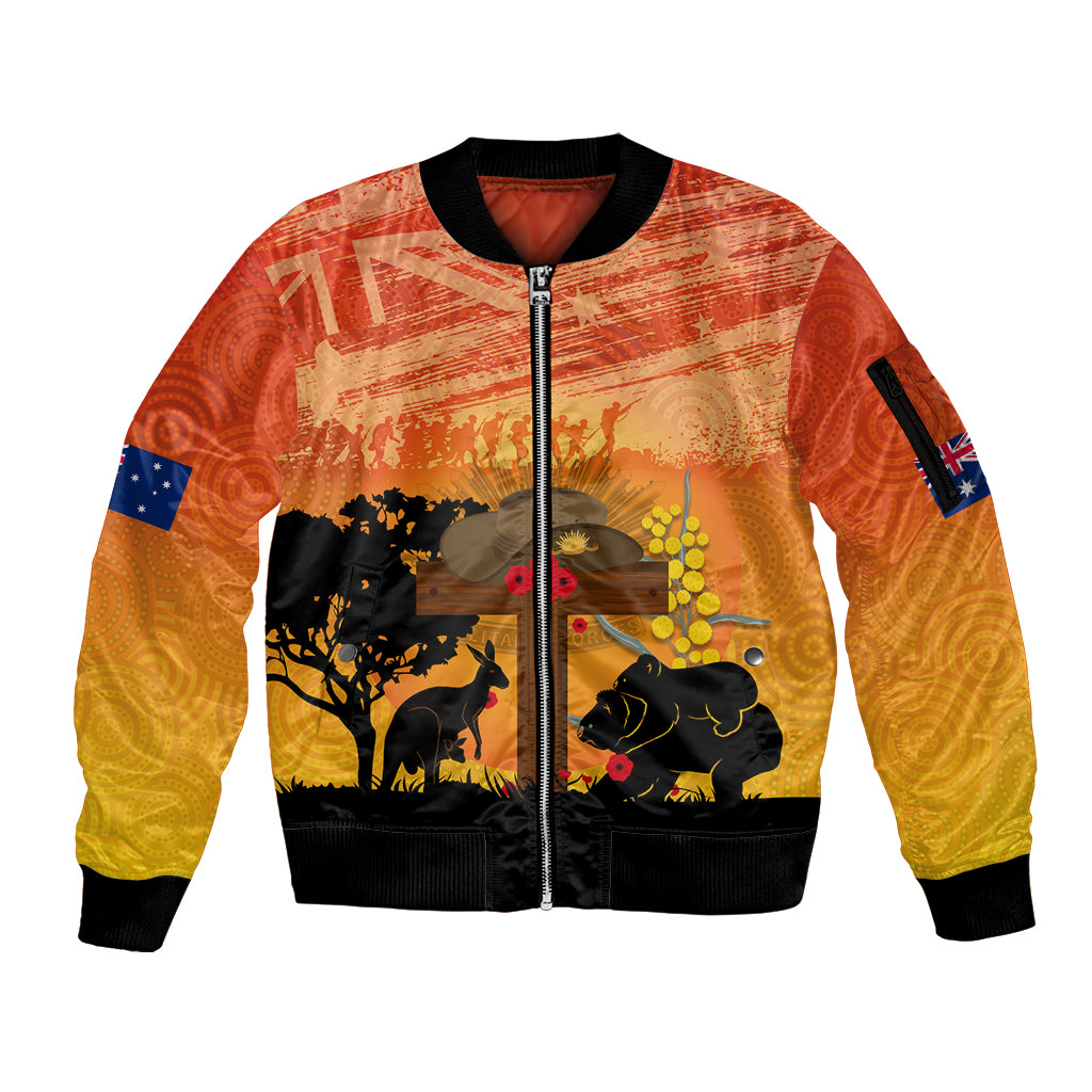 Australia ANZAC Day Sleeve Zip Bomber Jacket Koala and Kangaroo Respect Aboriginal Pattern