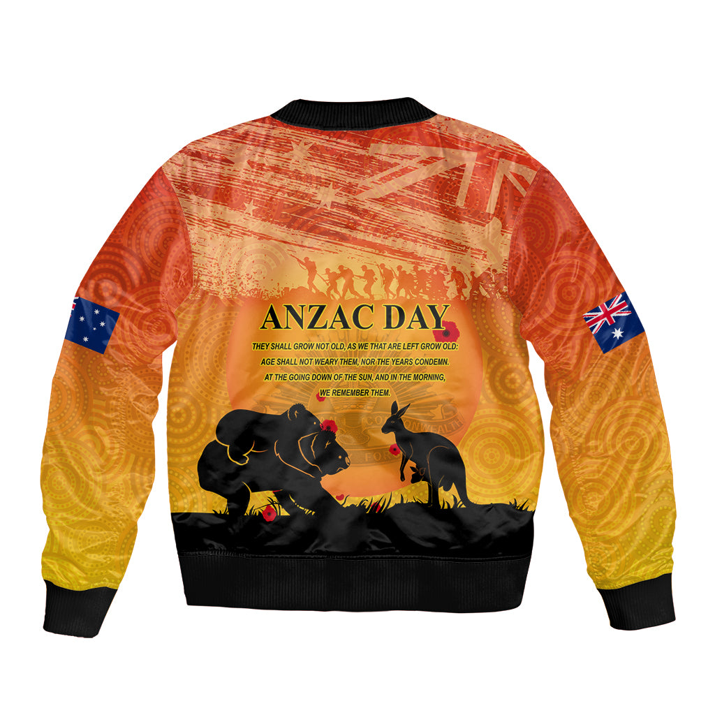 Australia ANZAC Day Sleeve Zip Bomber Jacket Koala and Kangaroo Respect Aboriginal Pattern