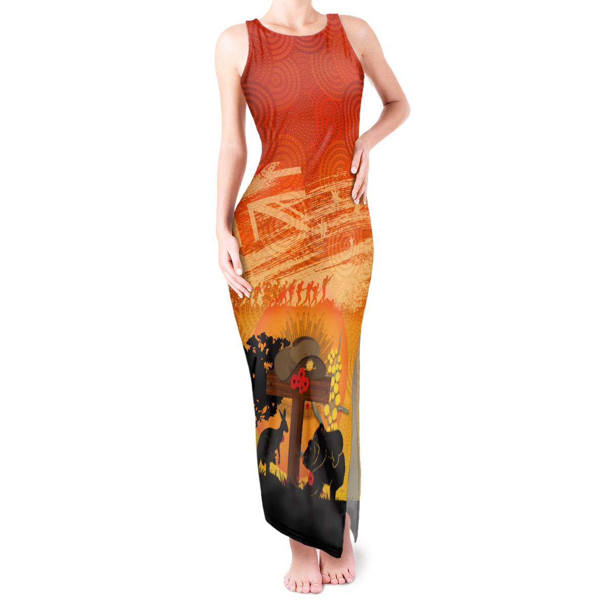 Australia ANZAC Day Tank Maxi Dress Koala and Kangaroo Respect Aboriginal Pattern