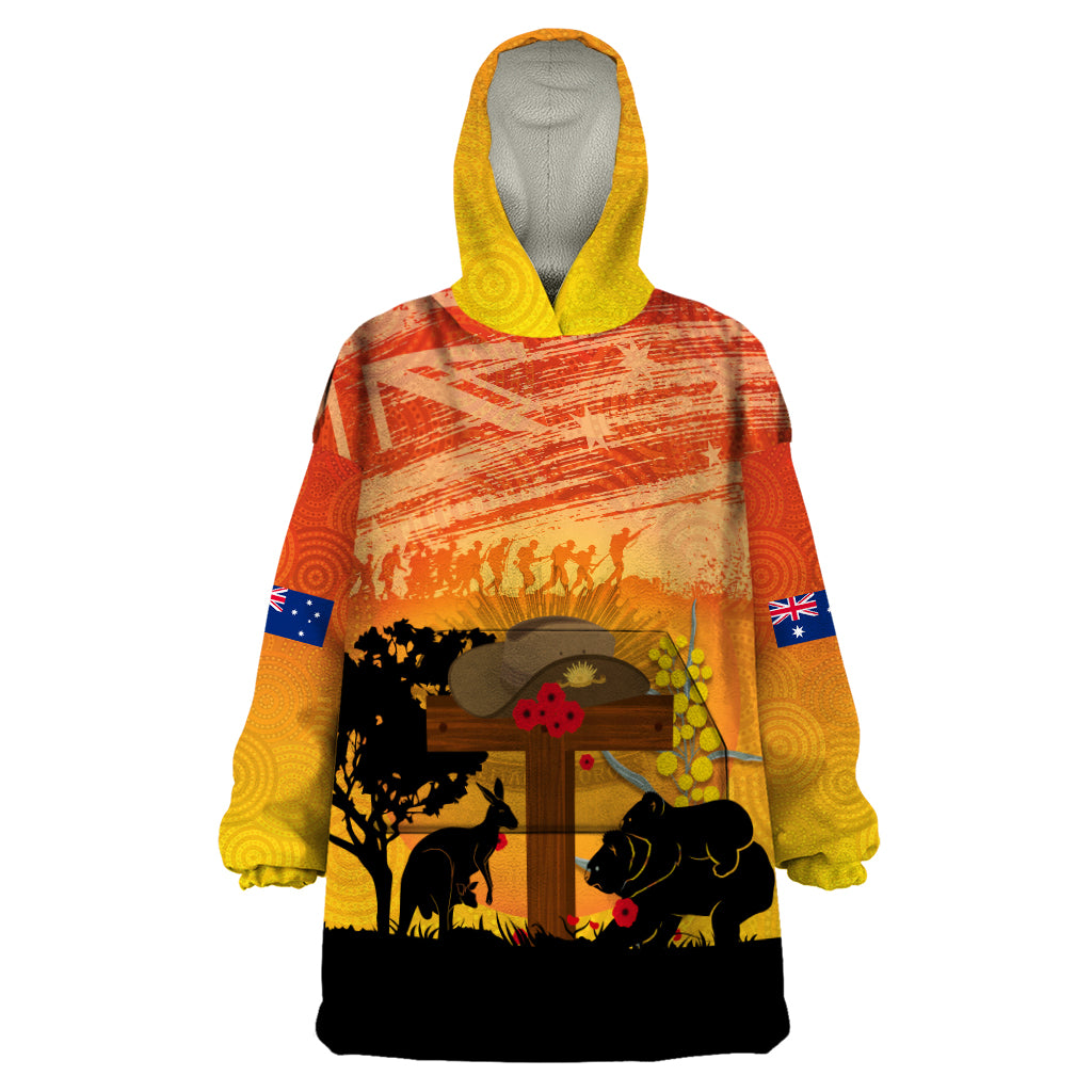 Australia ANZAC Day Wearable Blanket Hoodie Koala and Kangaroo Respect Aboriginal Pattern - Vibe Hoodie Shop