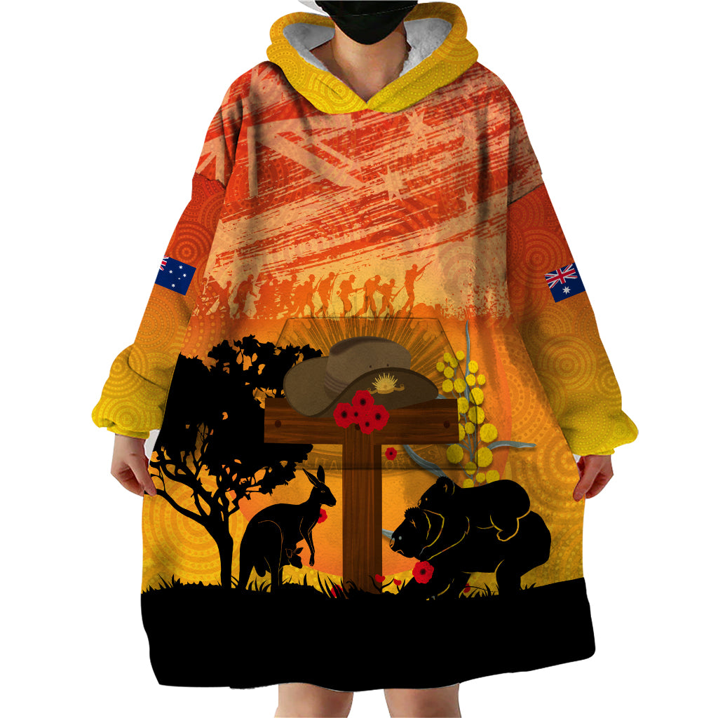 Australia ANZAC Day Wearable Blanket Hoodie Koala and Kangaroo Respect Aboriginal Pattern - Vibe Hoodie Shop