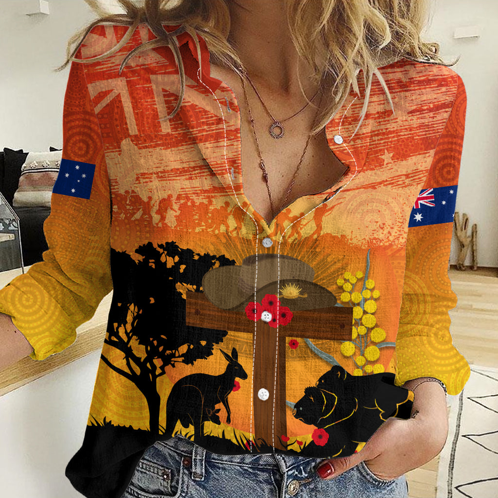 Australia ANZAC Day Women Casual Shirt Koala and Kangaroo Respect Aboriginal Pattern - Vibe Hoodie Shop