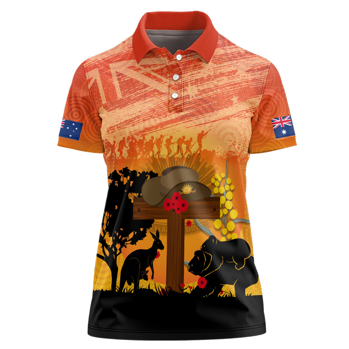 Australia ANZAC Day Women Polo Shirt Koala and Kangaroo Respect Aboriginal Pattern - Vibe Hoodie Shop