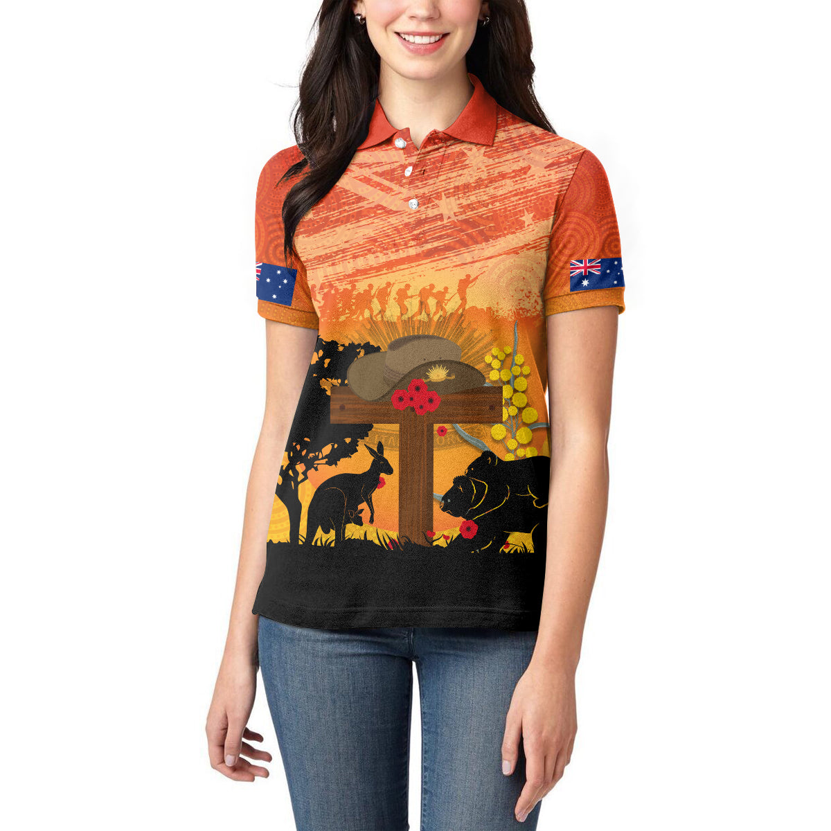 Australia ANZAC Day Women Polo Shirt Koala and Kangaroo Respect Aboriginal Pattern - Vibe Hoodie Shop