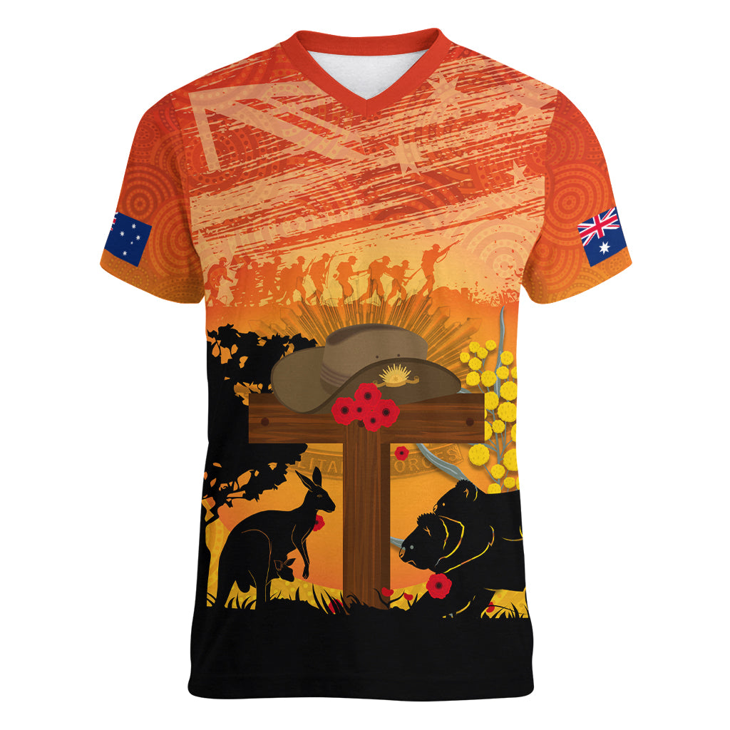 Australia ANZAC Day Women V Neck T Shirt Koala and Kangaroo Respect Aboriginal Pattern - Vibe Hoodie Shop