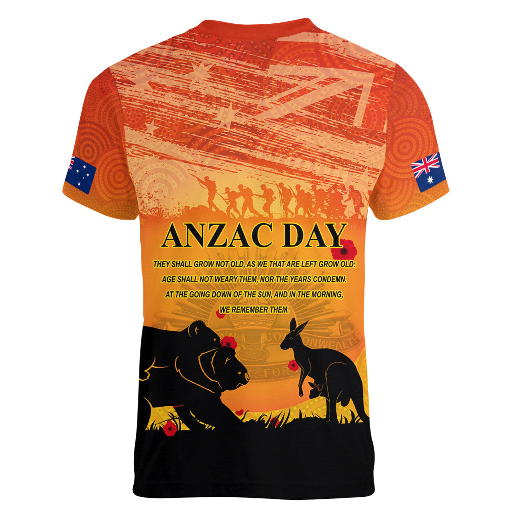 Australia ANZAC Day Women V Neck T Shirt Koala and Kangaroo Respect Aboriginal Pattern - Vibe Hoodie Shop